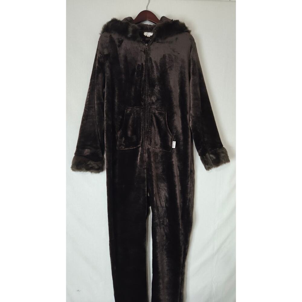Pajamagram Hoodie Footie Brown Faux Fur Trim Fleece Large